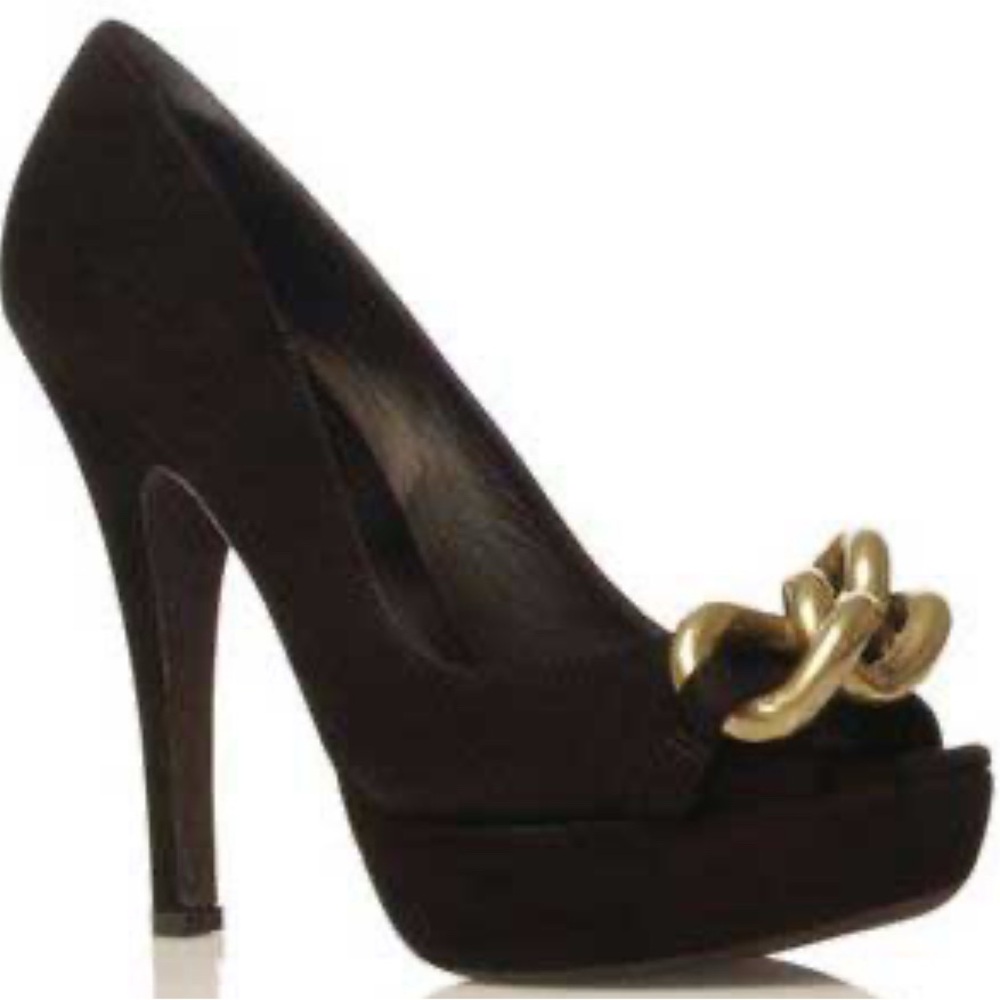 Kurt Geiger Brooke Chain Suede Peep Toe Heels in Black Size 37 US 7